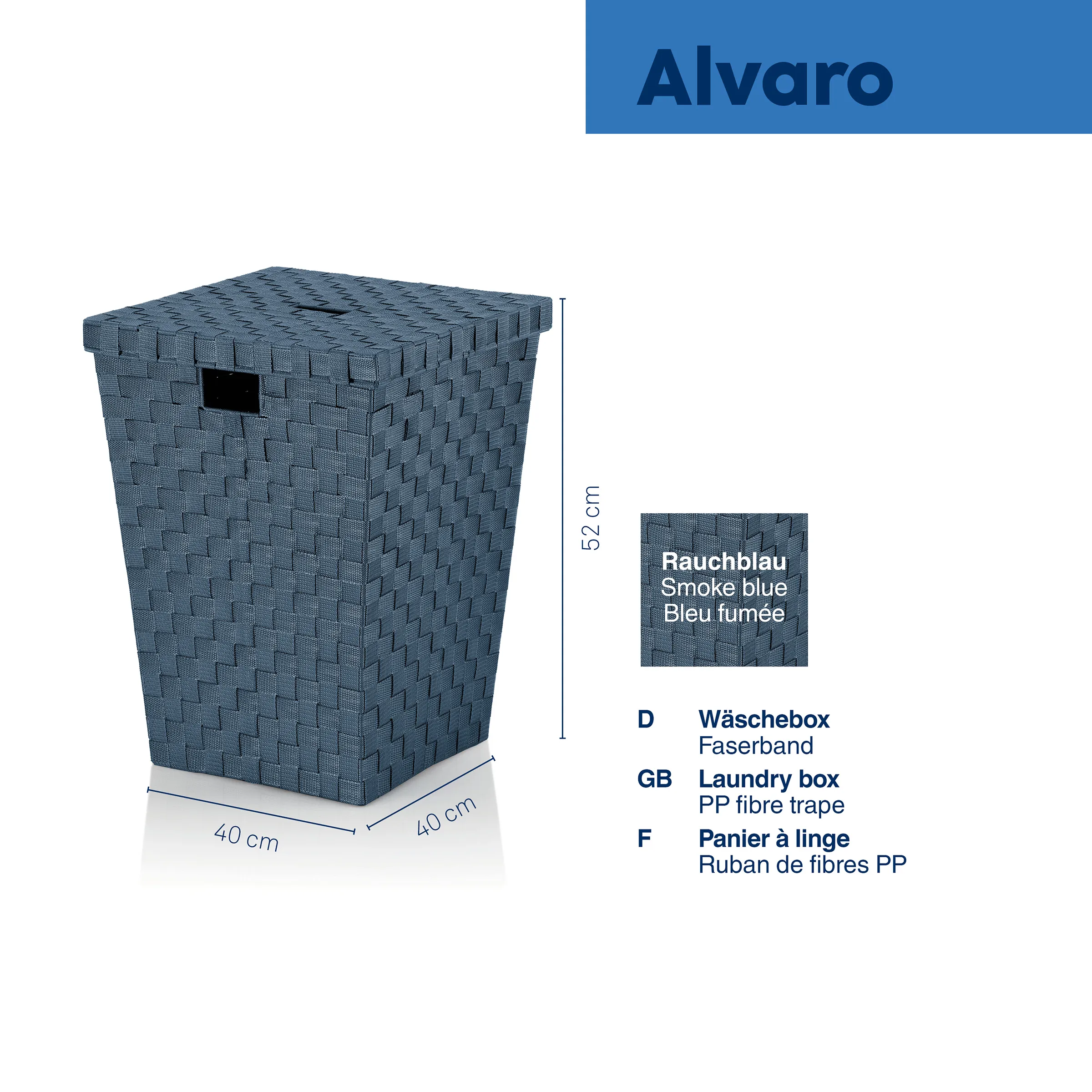 Wäschebox Alvaro Rauchblau - Faserband Wäschekorb Rauchblaue Wäschebox Alvaro aus Faserband, 40x40x52 cm, mit Griff und Deckel