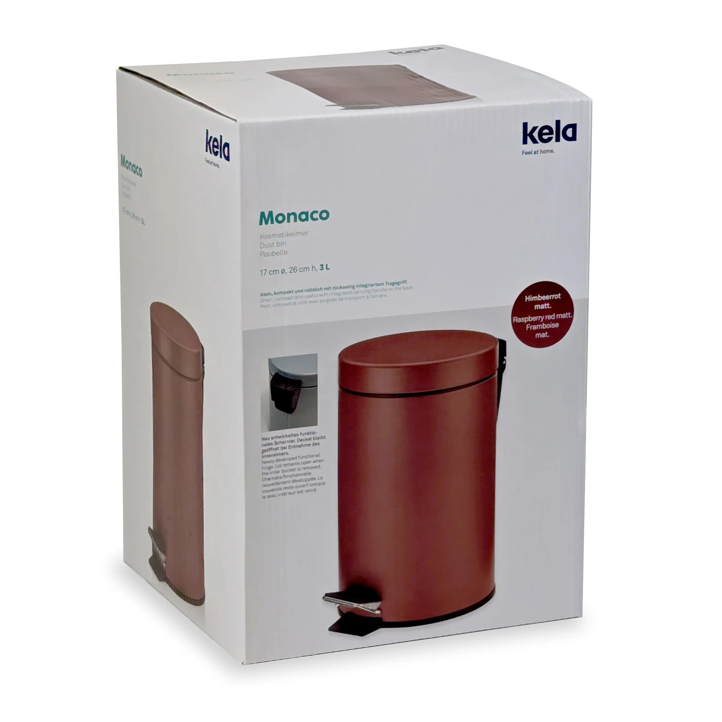 Kela Monaco Kosmetikeimer 3L Himbeerrot - Designeimer mit Trittfunktion Kela Monaco Kosmetikeimer in Himbeerrot mit Deckel, 17 cm Breite, 26 cm Höhe, 3 Liter Fassungsvermögen in Originalverpackung.