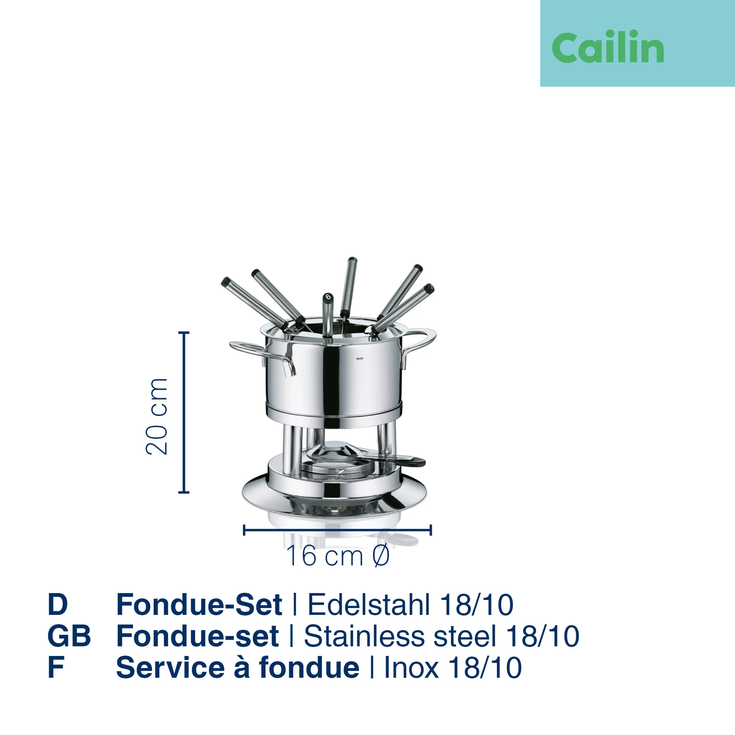 Fondue-Set Edelstahl 18/10 - Fonduetopf mit Zubehör Edelstahl Fondue-Set mit Topf, Brenner und 6 Fonduegabeln, 16 cm Durchmesser, 20 cm Höhe