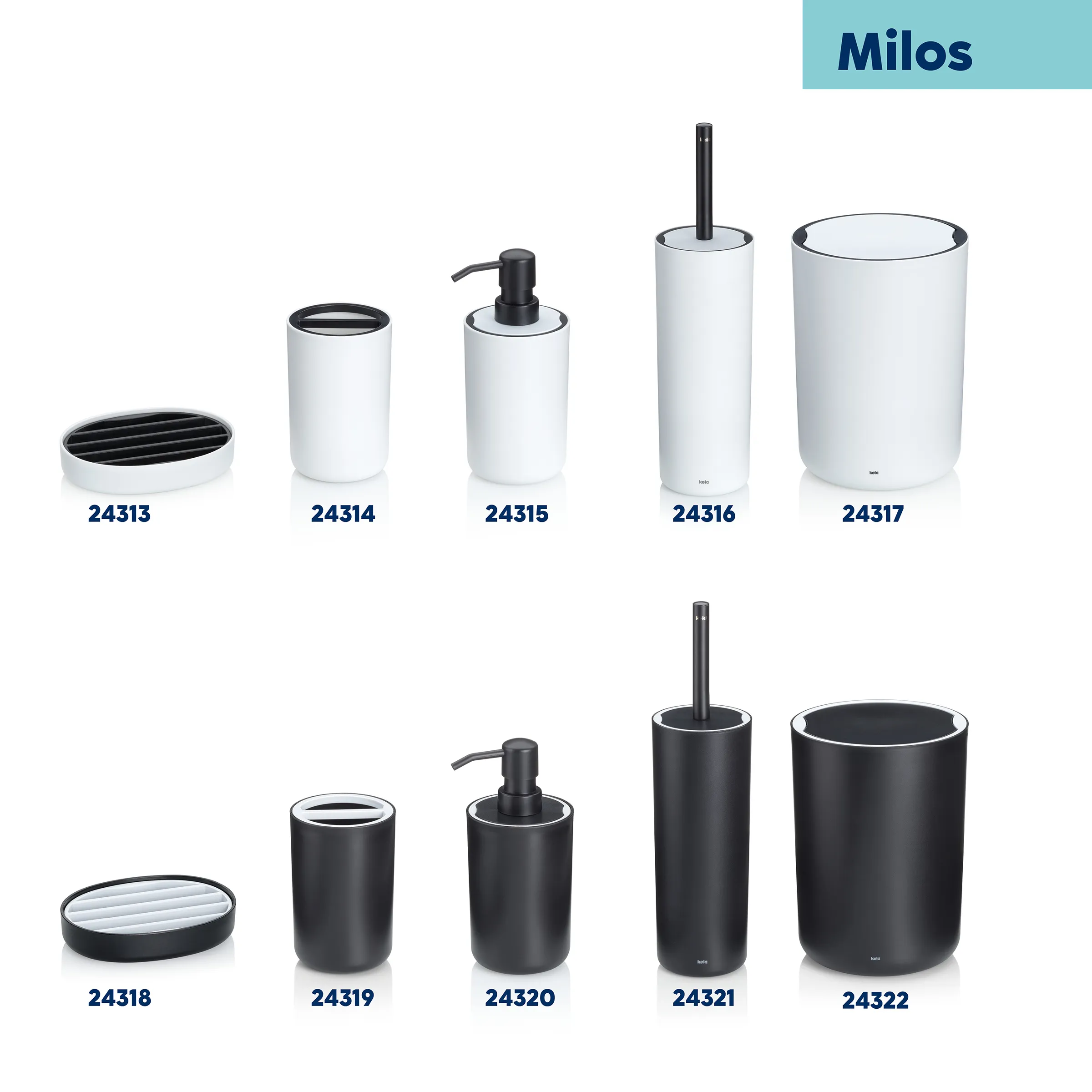 Milos Badezimmer-Accessoires Serie in Weiß und Schwarz: Seifenschalen, Zahnputzbecher, Seifenspender, WC-Bürsten