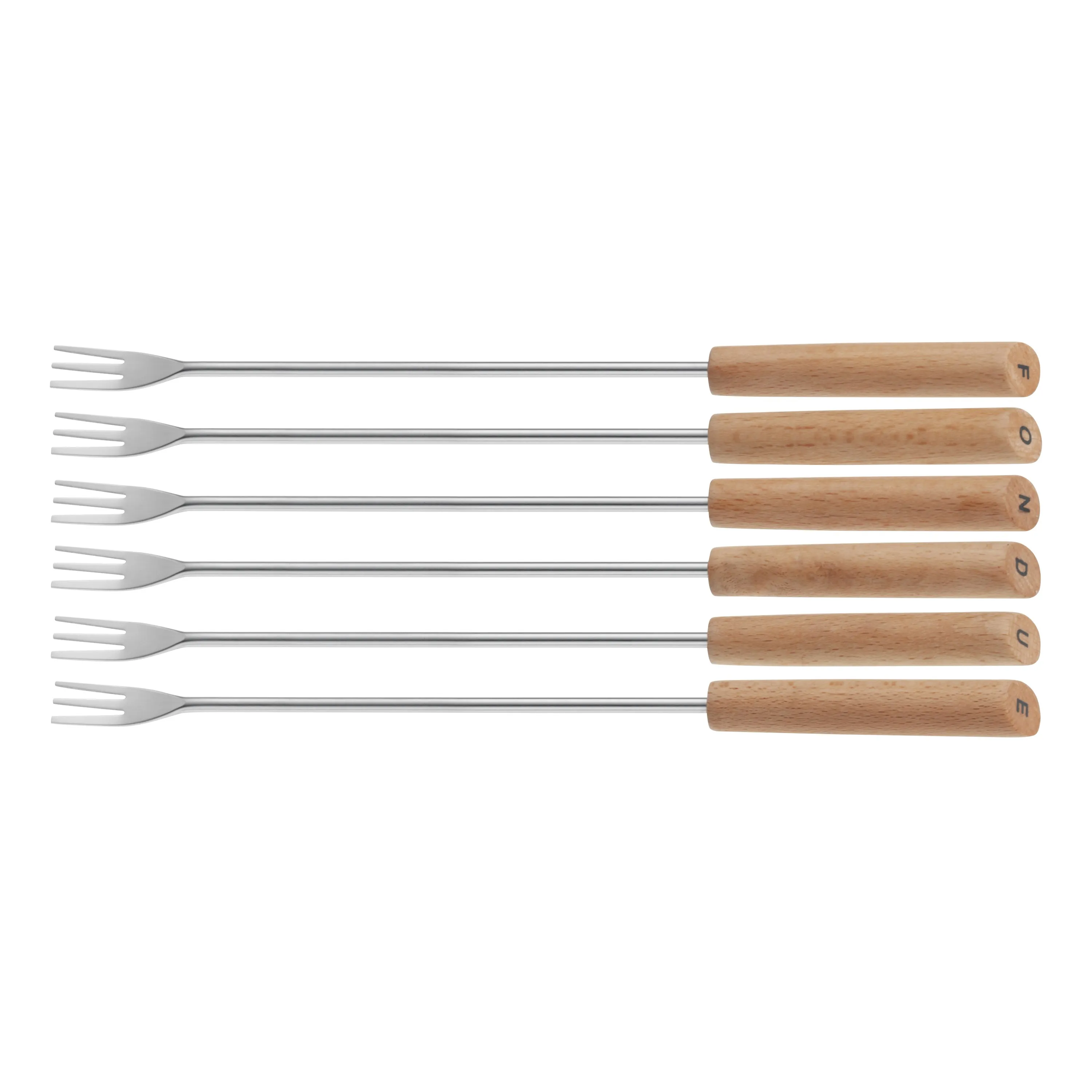 Six carving forks with silver metal tines and wooden handles arranged in a row.
