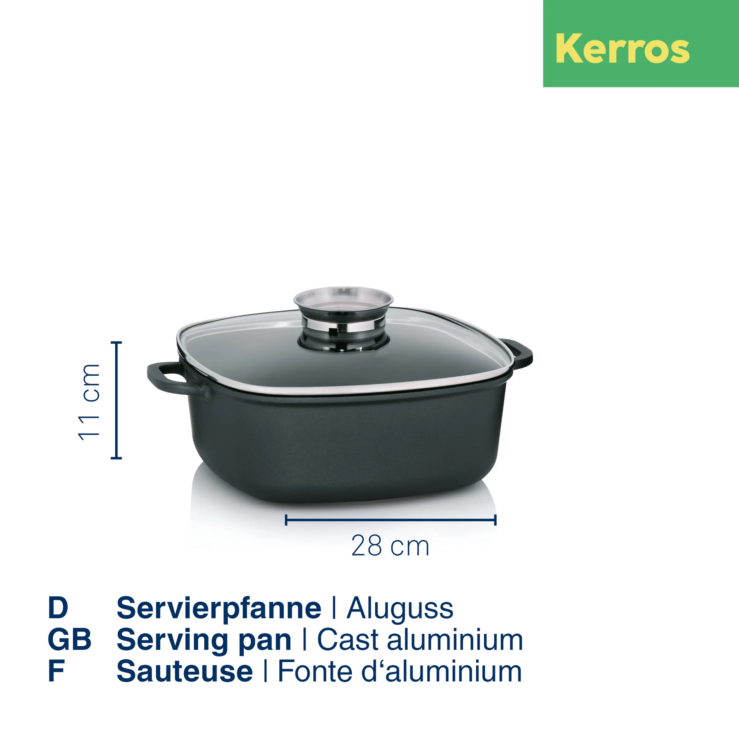Servierpfanne Aluguss 28 cm | Kerros Gusseisen Kochgeschirr Schwarze Gusseisen-Servierpfanne Kerros mit Glasdeckel, Maße 28 cm Breite und 11 cm Höhe