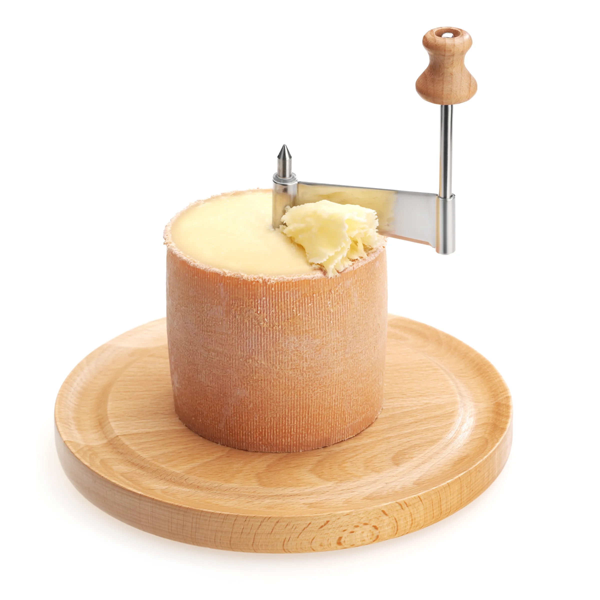 Tête de Moine Käse mit Girolle auf Holzbrett - Schweizer Käse-Spezialität Tête de Moine Käse auf Holzbrett mit Girolle-Käsehobel und frisch geschabten Rosetten