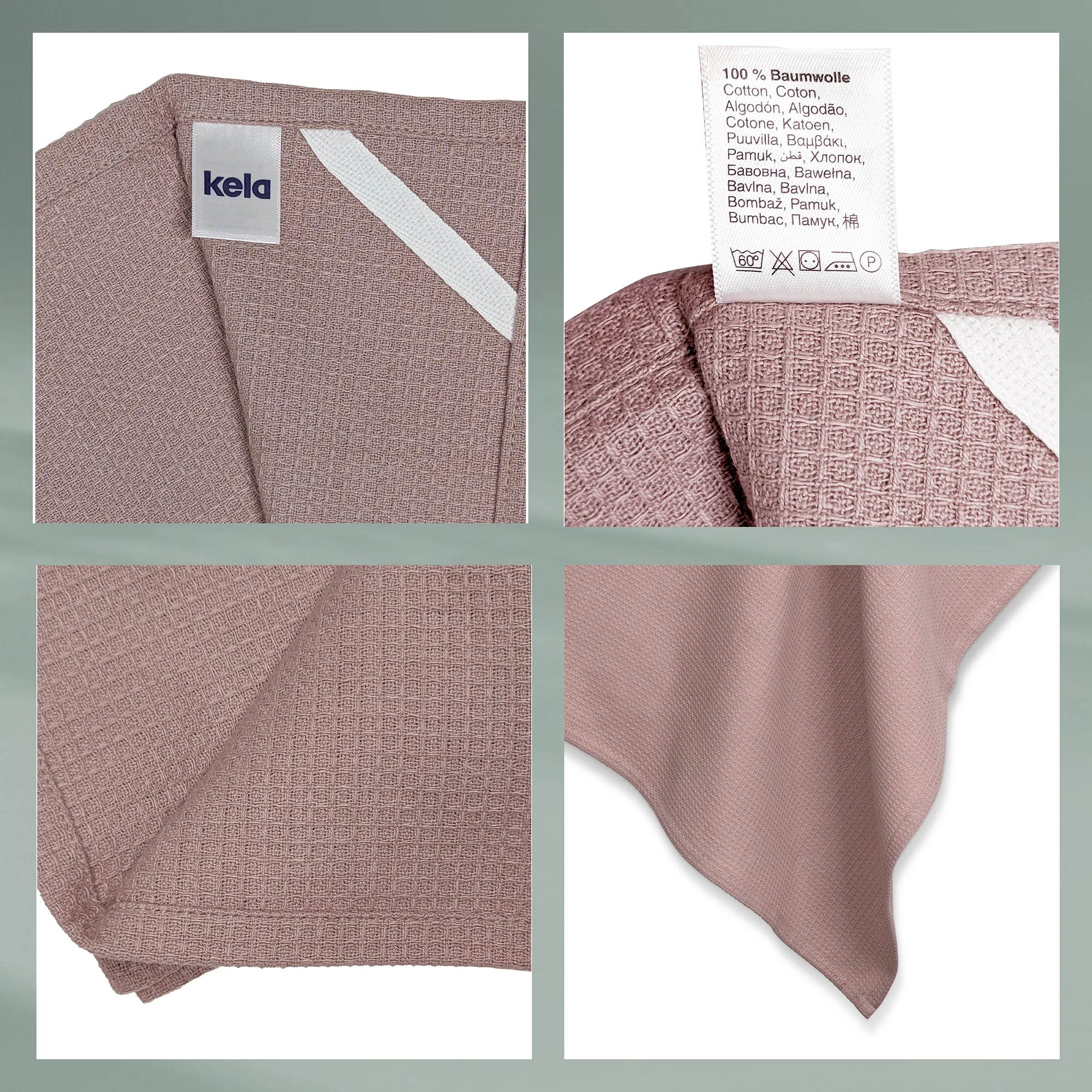 Baumwoll-Handtuch Kela Mauve – 100% Baumwolle Kela Baumwoll-Handtuch in Mauve mit Detailaufnahmen der Webstruktur und Pflegeetiketten