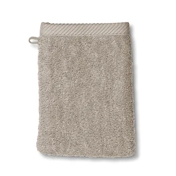 Beige Waschhandschuh aus Frottee mit strukturierter Oberfläche und Aufhängeschlaufe, frontal fotografiert.