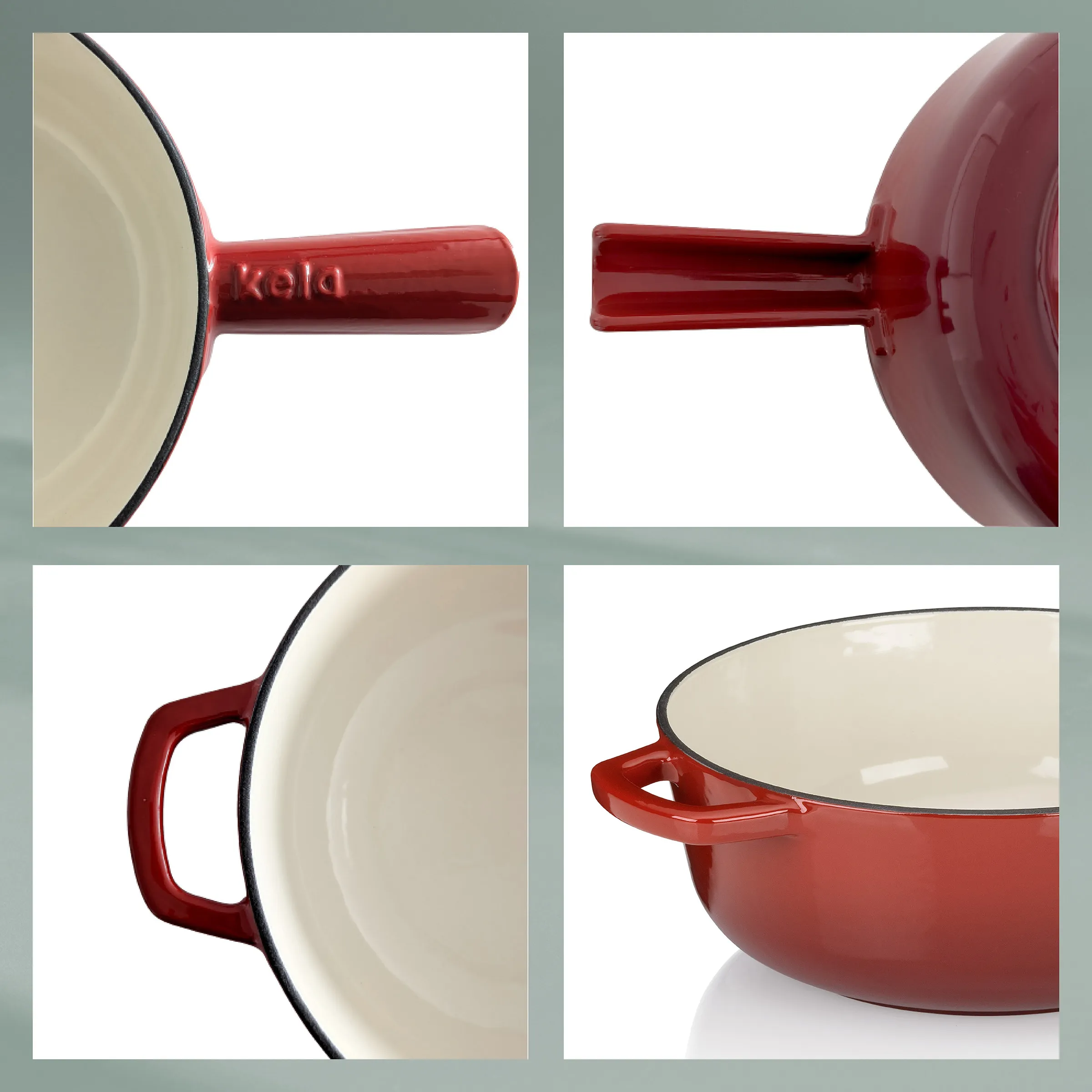 Kela Emaille-Topf Rot – Emailletopf mit Deckel und Griffen für Küche Kela Emaille-Topf in Rot mit cremefarbener Innenbeschichtung, Detailansichten von Griff, Deckel und Rand