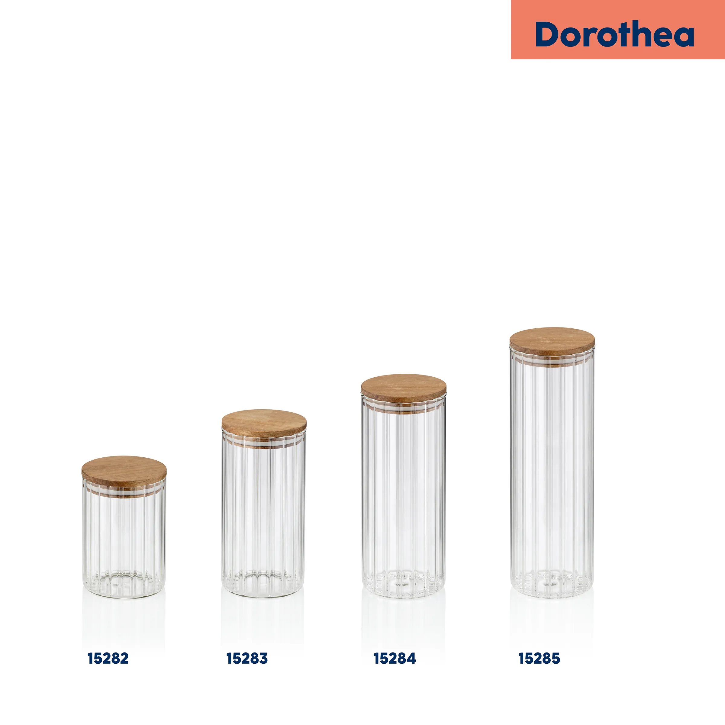 Vorratsdosen Set Glas mit Bambusdeckel - Dorothea Aufbewahrungsdosen 4-teilig Vier Vorratsdosen aus geripptem Glas mit Bambusdeckel in aufsteigenden Größen, Modelle 15282 bis 15285