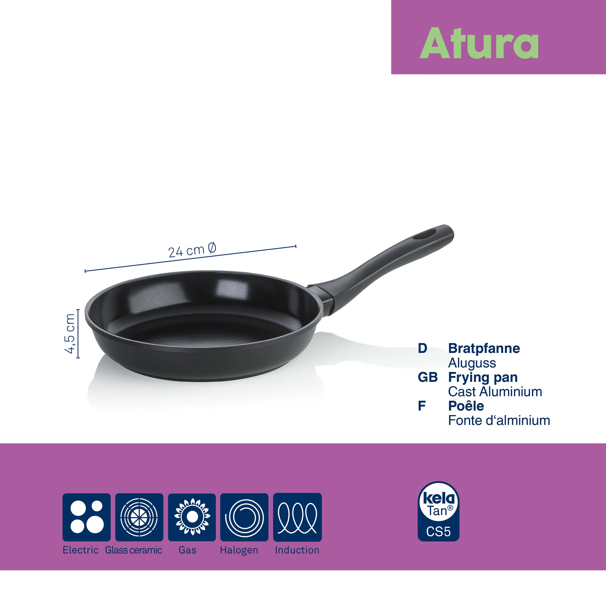 Black cast aluminium frying pan with 24 cm diameter and 4.5 cm height, long handle, Ceramic New Generation technology