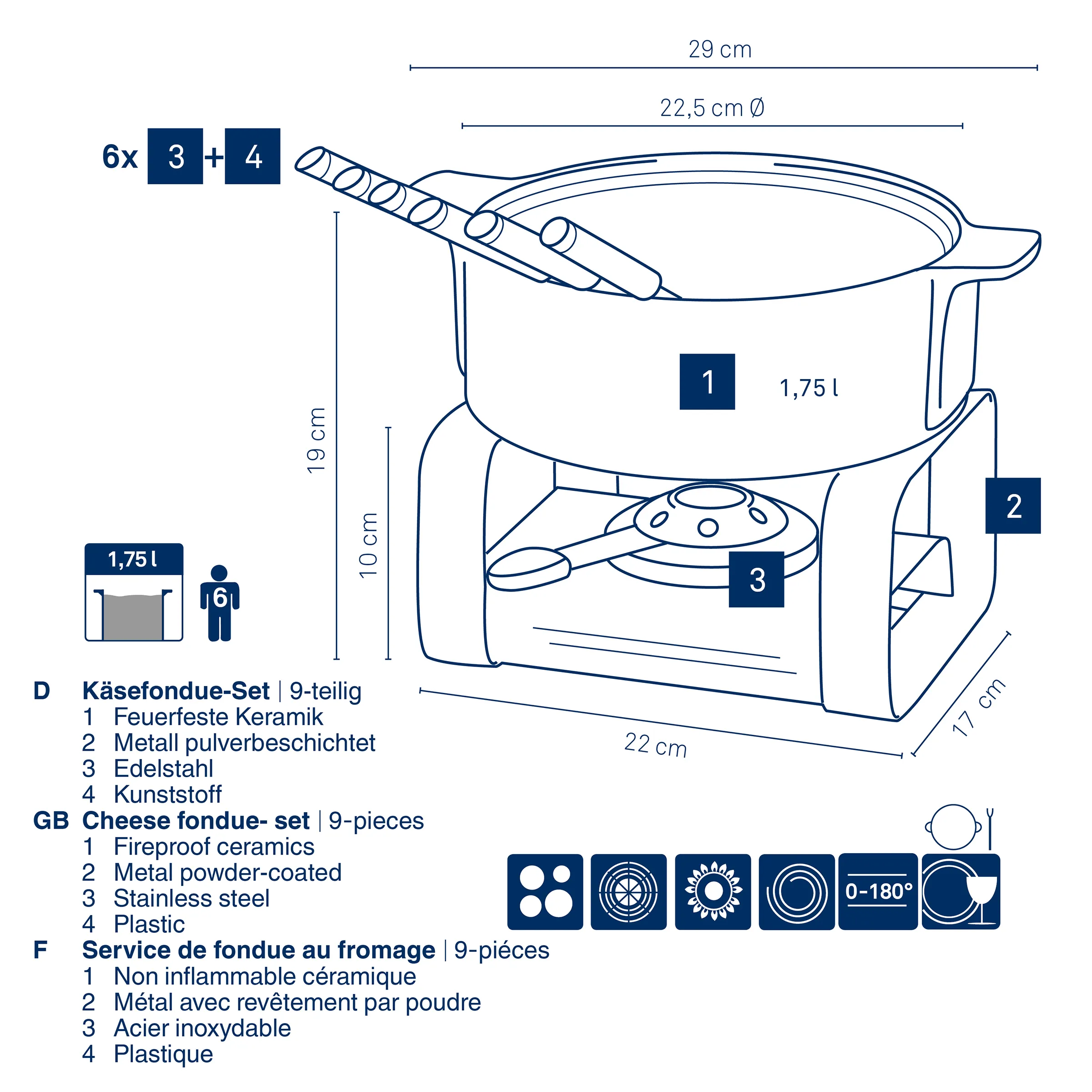 Käsefondue-Set 9-teilig mit Keramiktopf und Gabeln 9-teiliges Käsefondue-Set mit feuerfester Keramiktopf, Metallgestell, 6 Fonduegabeln und Zubehör. Volumen: 1,75 Liter.