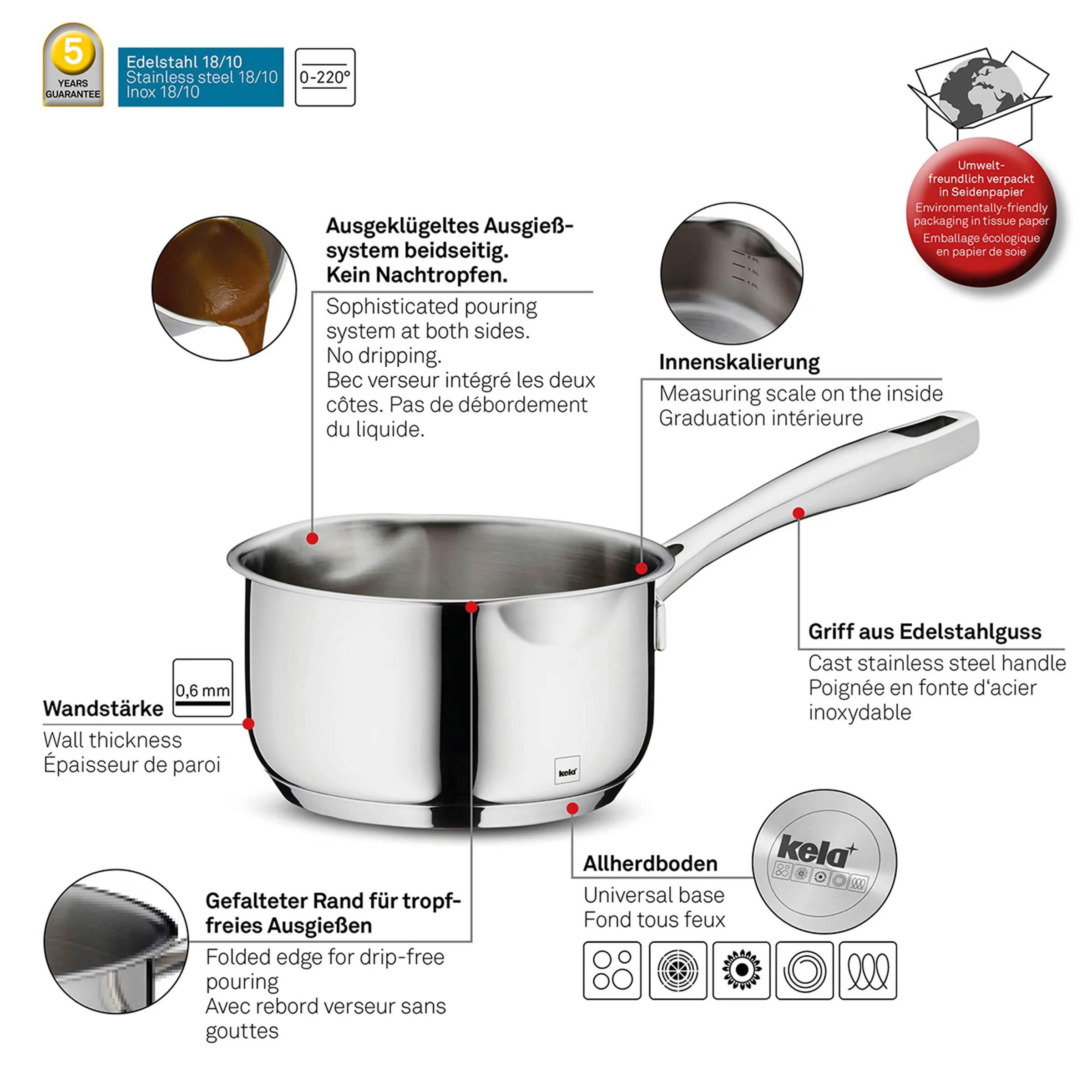 Edelstahl Kochtopf mit Innenskalierung und Ausgiesssystem Edelstahl Kochtopf mit Deckel, Messskala, ergonomischem Griff und tropffreiem Ausgiesssystem von kela