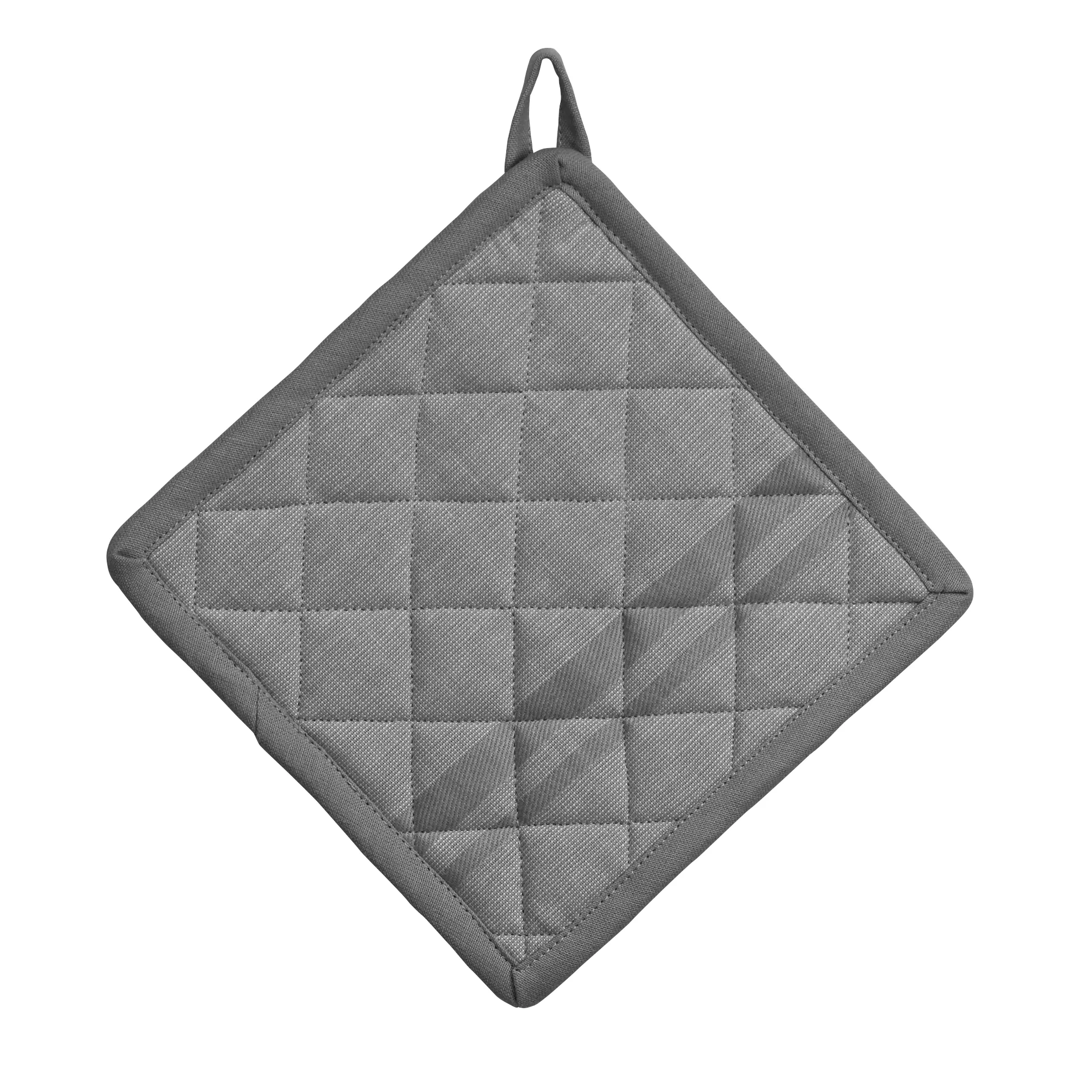 Grau gesteppter Topflappen mit Karomuster und Schlaufe zum Aufhängen, isoliert auf weißem Hintergrund.
