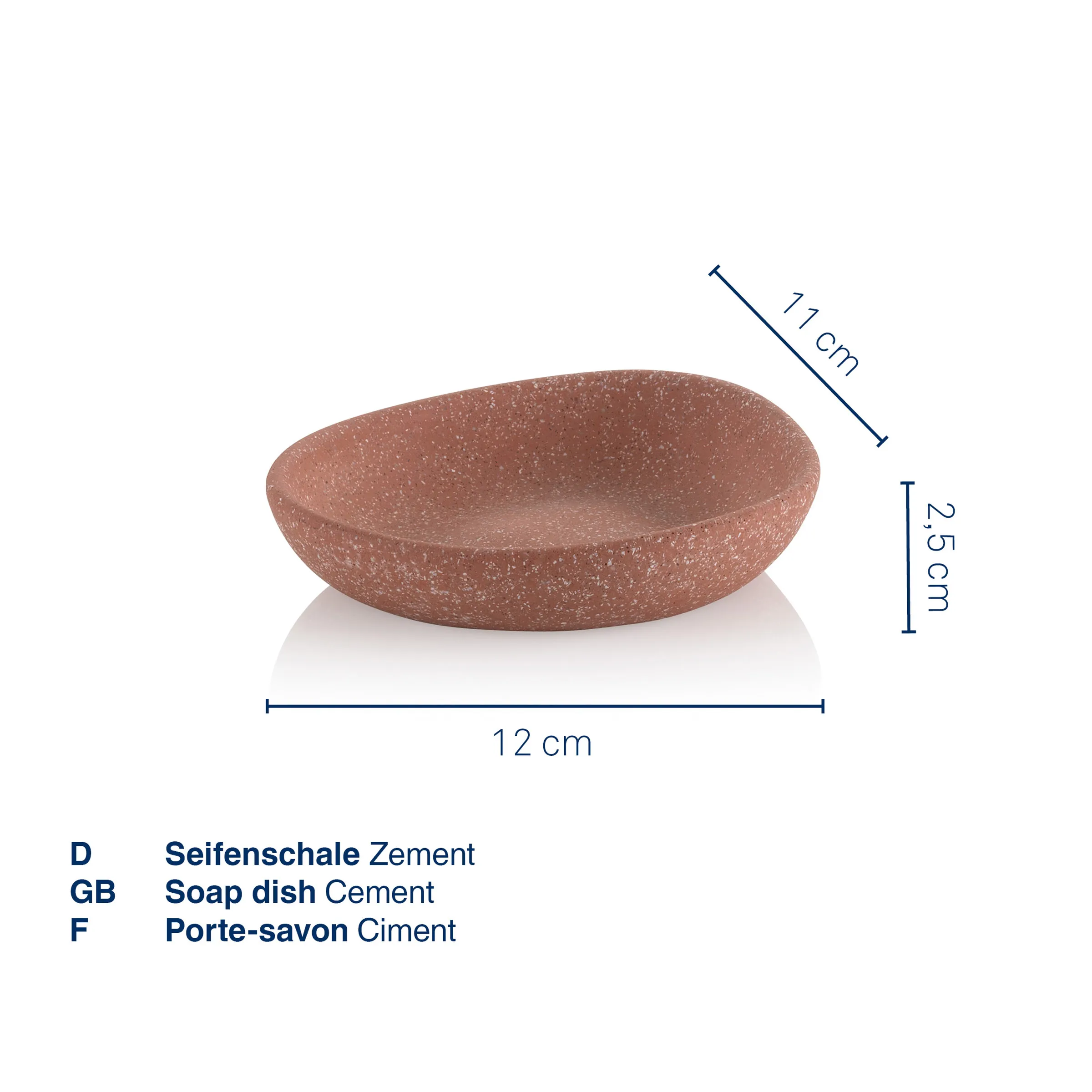 Ovale Seifenschale aus rosa Zement mit gesprenkelter Oberfläche, Maße 12x11x2,5 cm