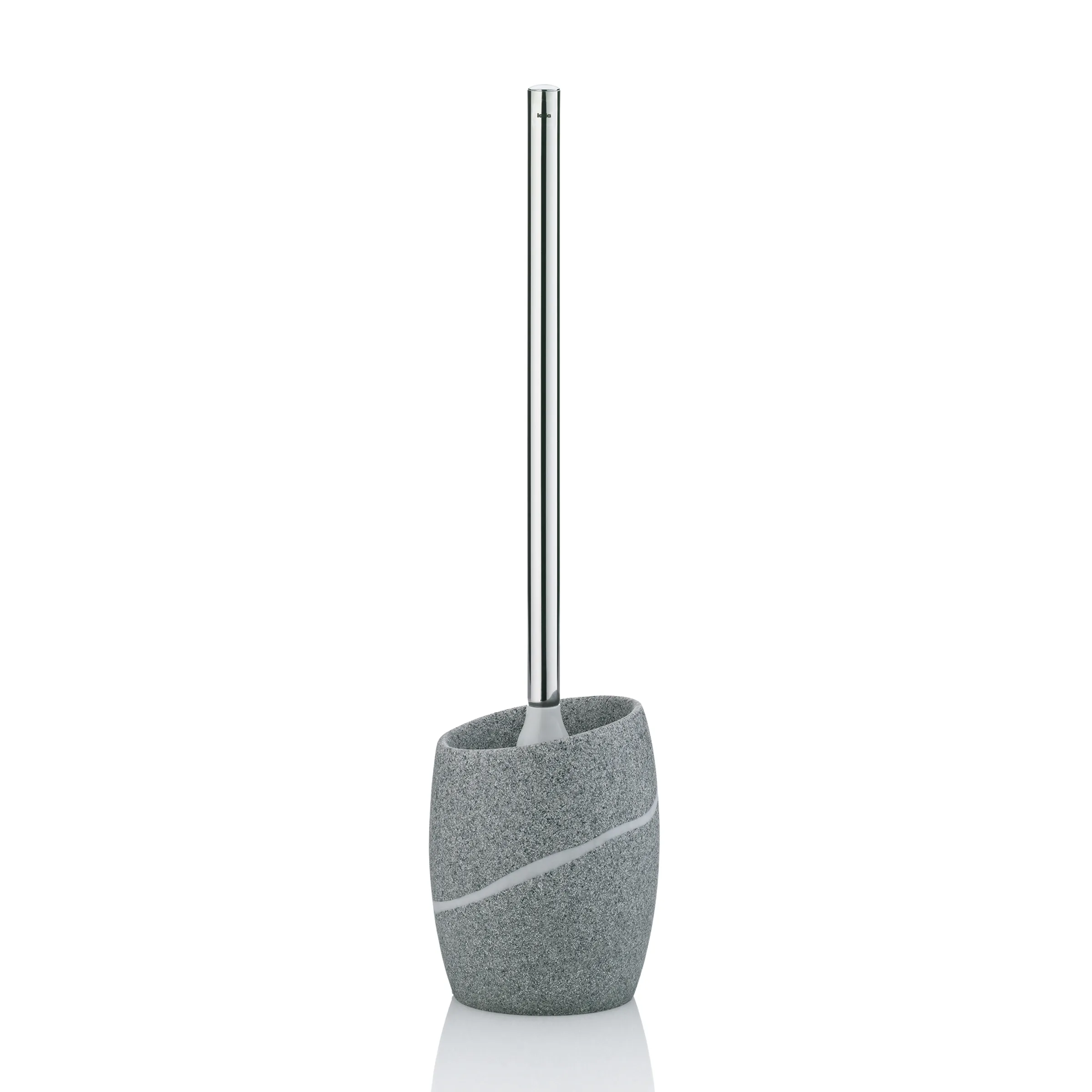 Graue Toilettenbürste mit Metallstab und modernem Design, Behälter mit dekorativer Streifen-Verzierung