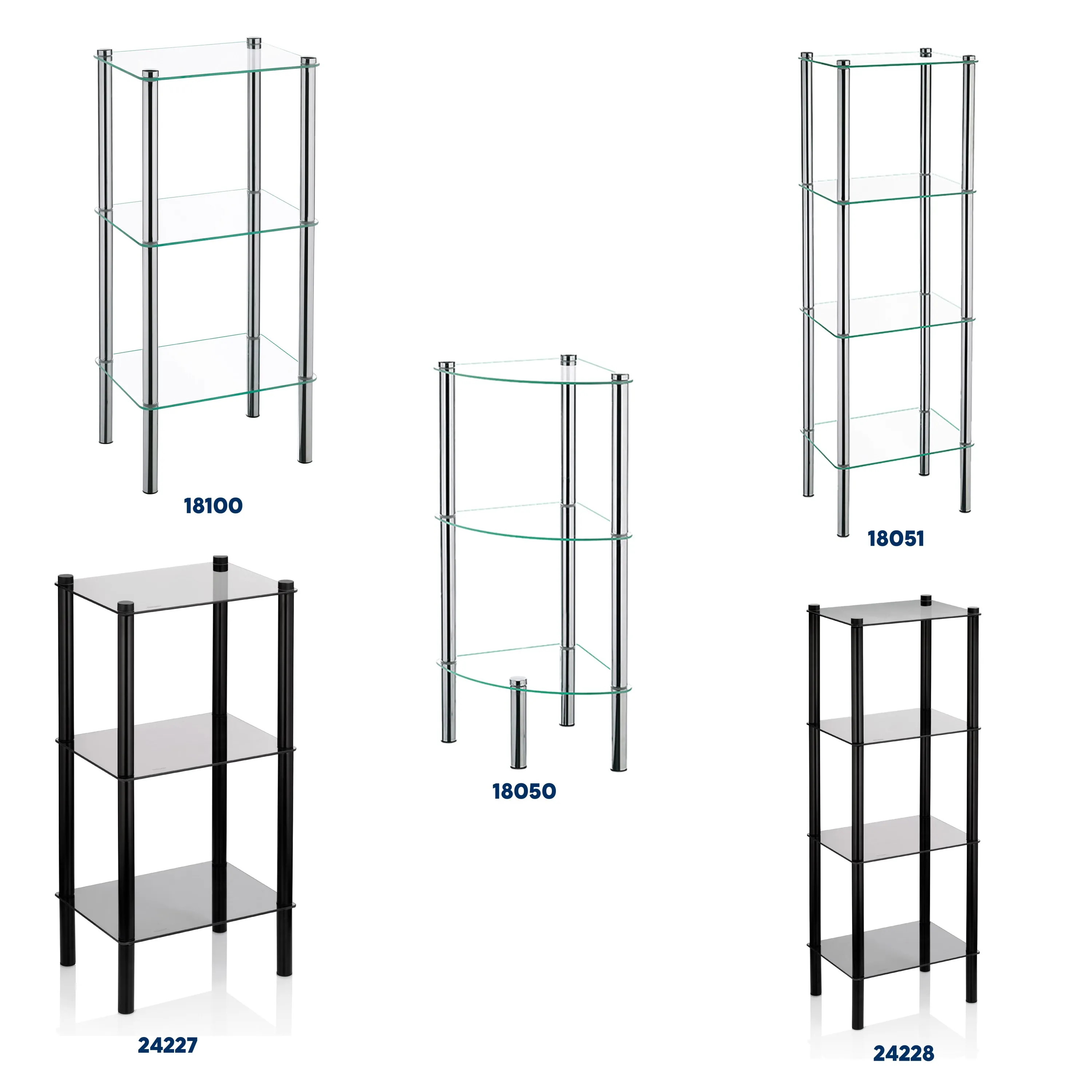 Cinq différentes étagères et vitrines avec cadres en métal et plateaux en verre ou bois de différentes tailles.