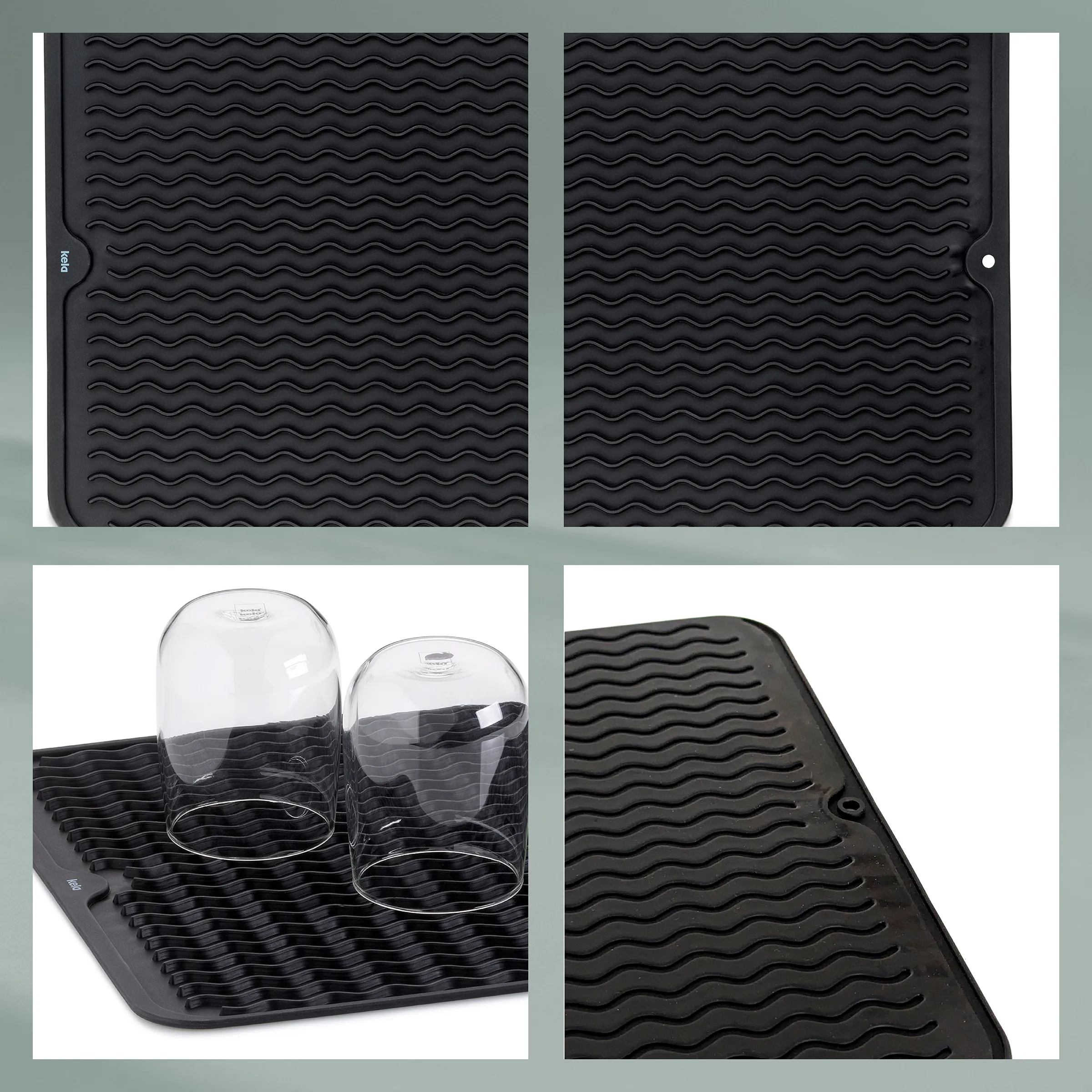 Silikon Abtropfmatte mit Wellenmuster für Geschirr und Gläser Schwarze Abtropfmatte aus Silikon mit Wellenmuster, darauf stehen zwei Weingläser