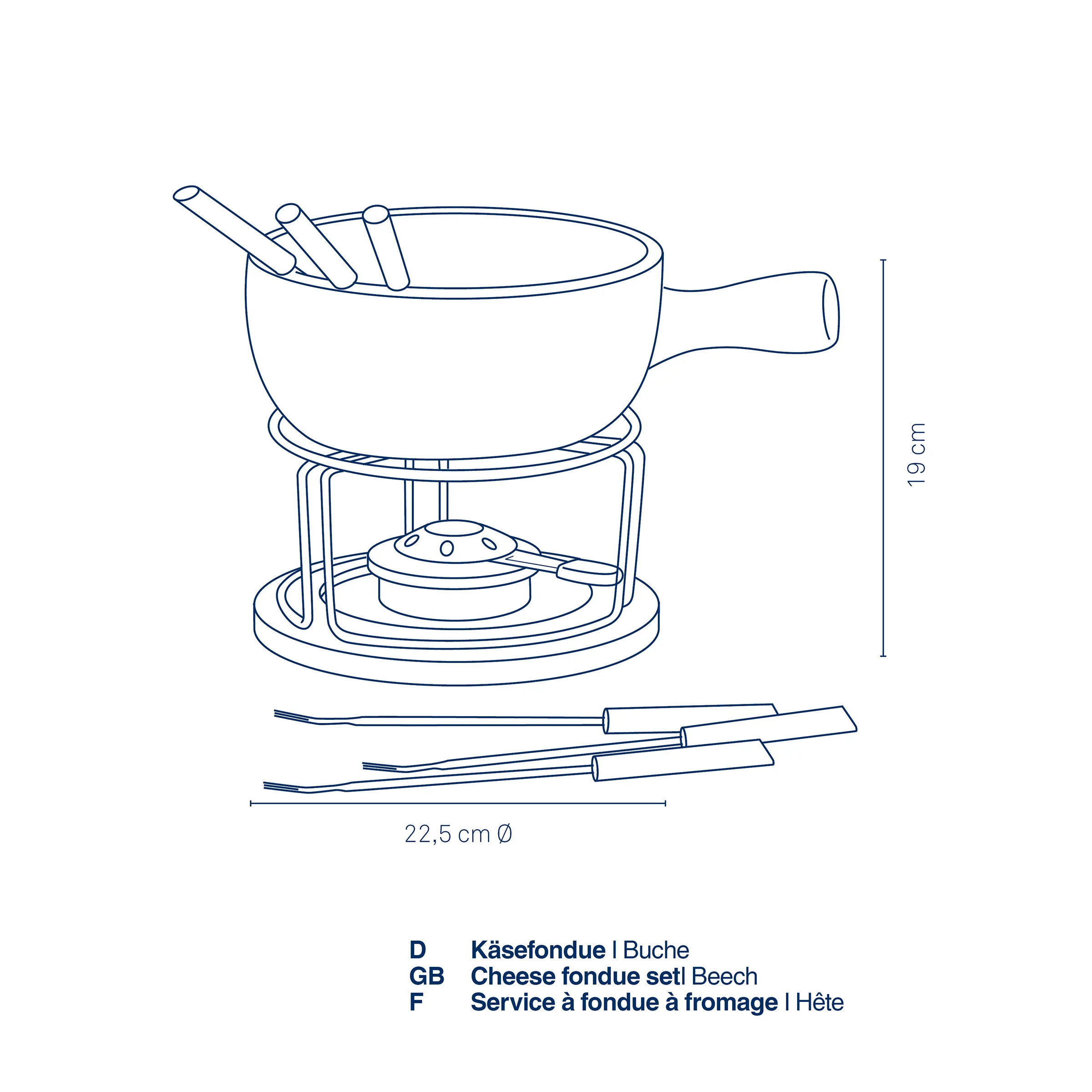 Käsefondue-Set Buche mit Rechaud und 6 Gabeln - Komplettes Fondue-Service Käsefondue-Set aus Buche mit Topf, Rechaud, Brenner und 6 Gabeln, Maße 22,5 cm Ø und 19 cm Höhe
