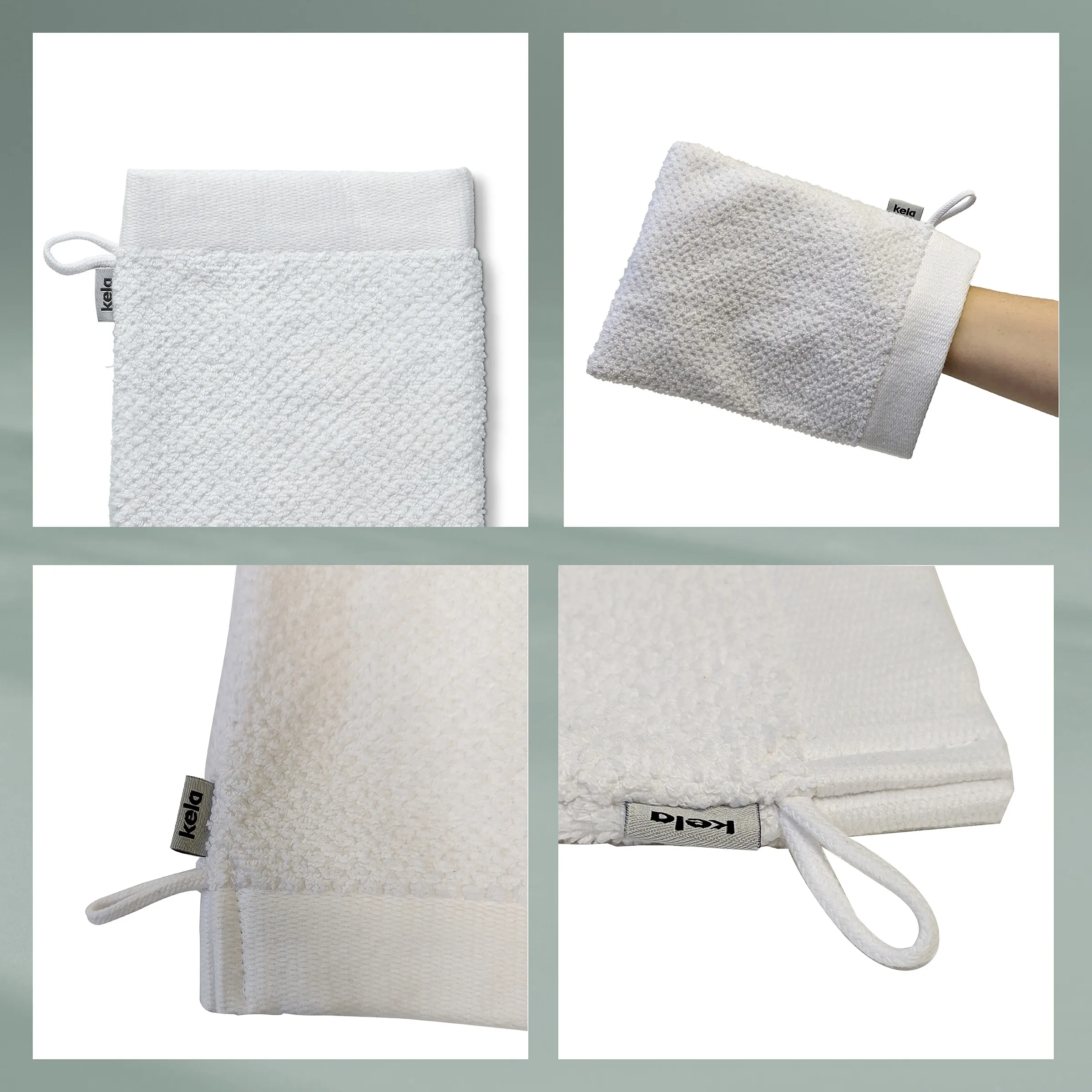 Kela Waschlappen und Waschhandschuhe aus Baumwolle Graue Waschlappen und Waschhandschuhe aus Baumwolle mit Kela-Branding und Aufhängeschlaufen in verschiedenen Ansichten