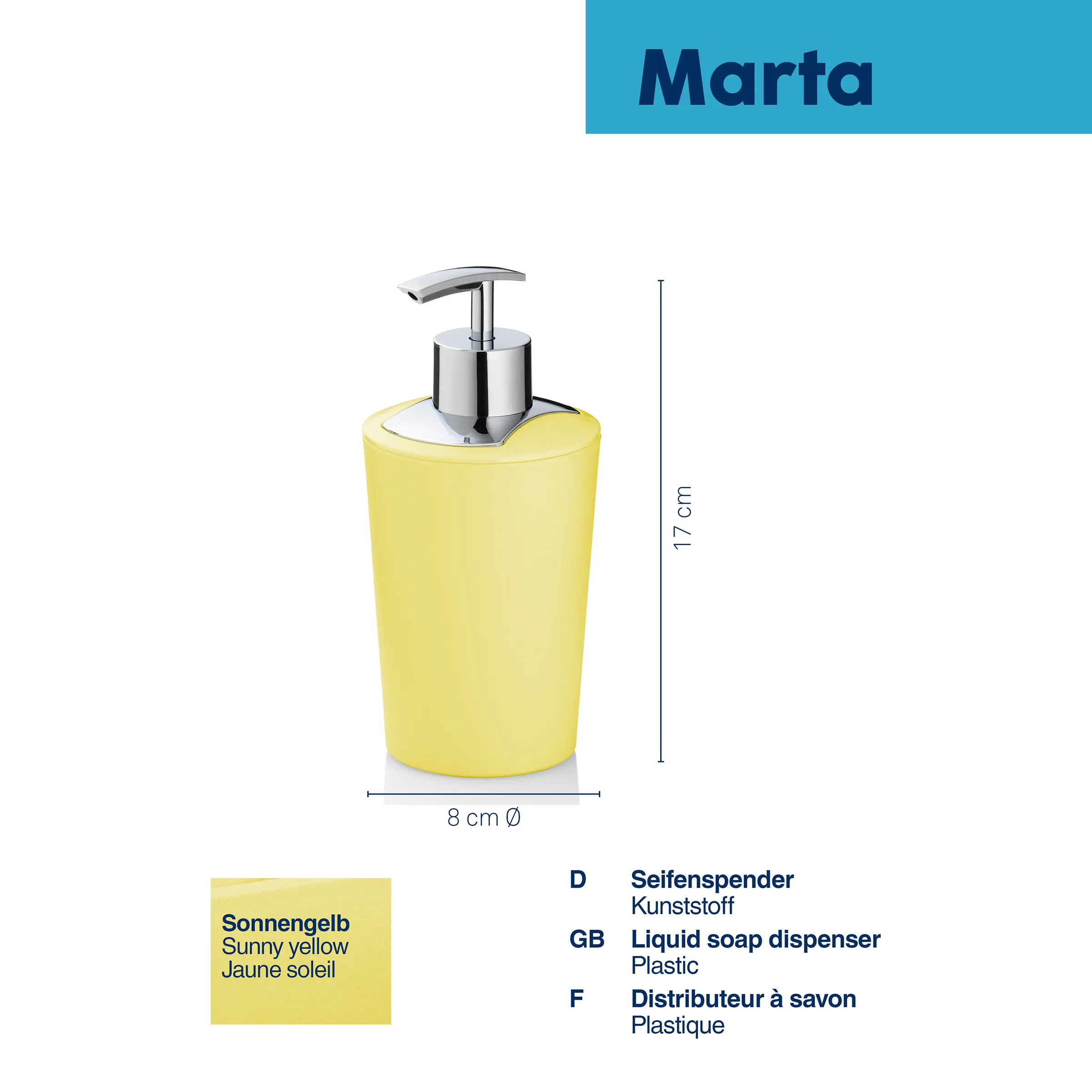 Marta Seifenspender sonnengelb, 17 cm hoch, 8 cm Durchmesser, Kunststoff mit Chromspender
