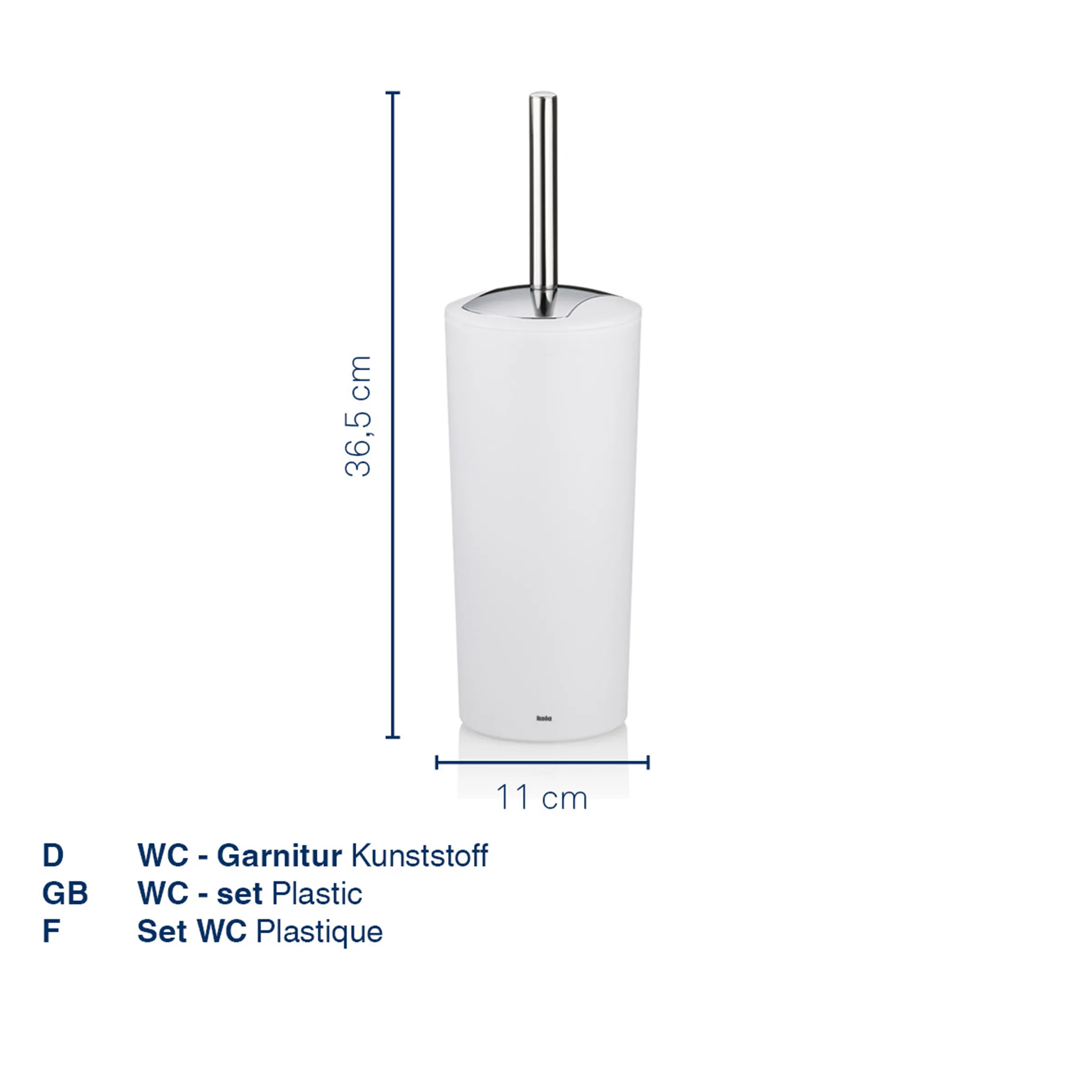Weiße WC-Garnitur aus Kunststoff mit Edelstahlgriff, 36,5 cm hoch und 11 cm breit, inklusive Maßangaben