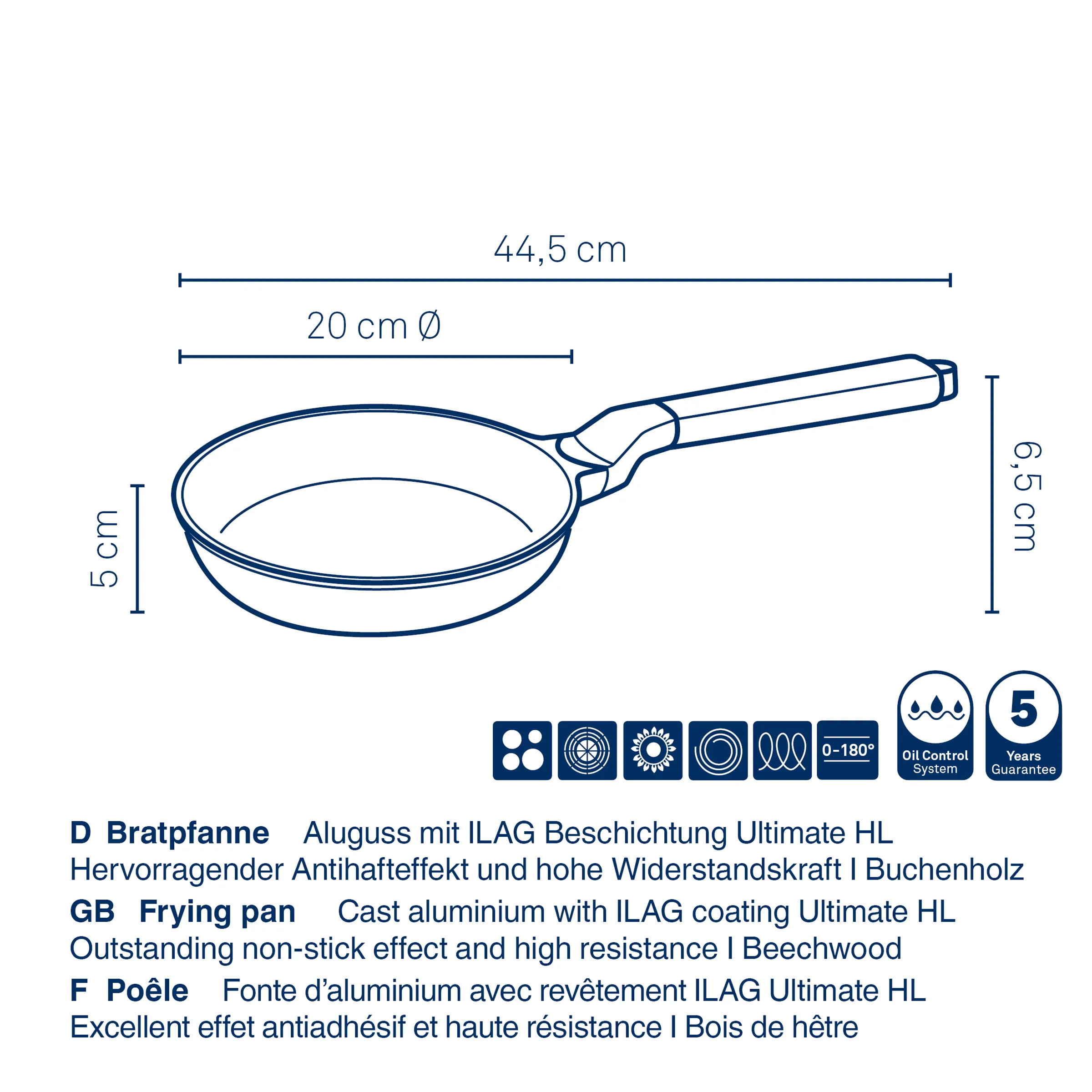 Bratpfanne mit 20 cm Durchmesser, Aluguss mit ILAG-Beschichtung, Gesamtlänge 44,5 cm, Höhe 9,5 cm, Buchenholzgriff