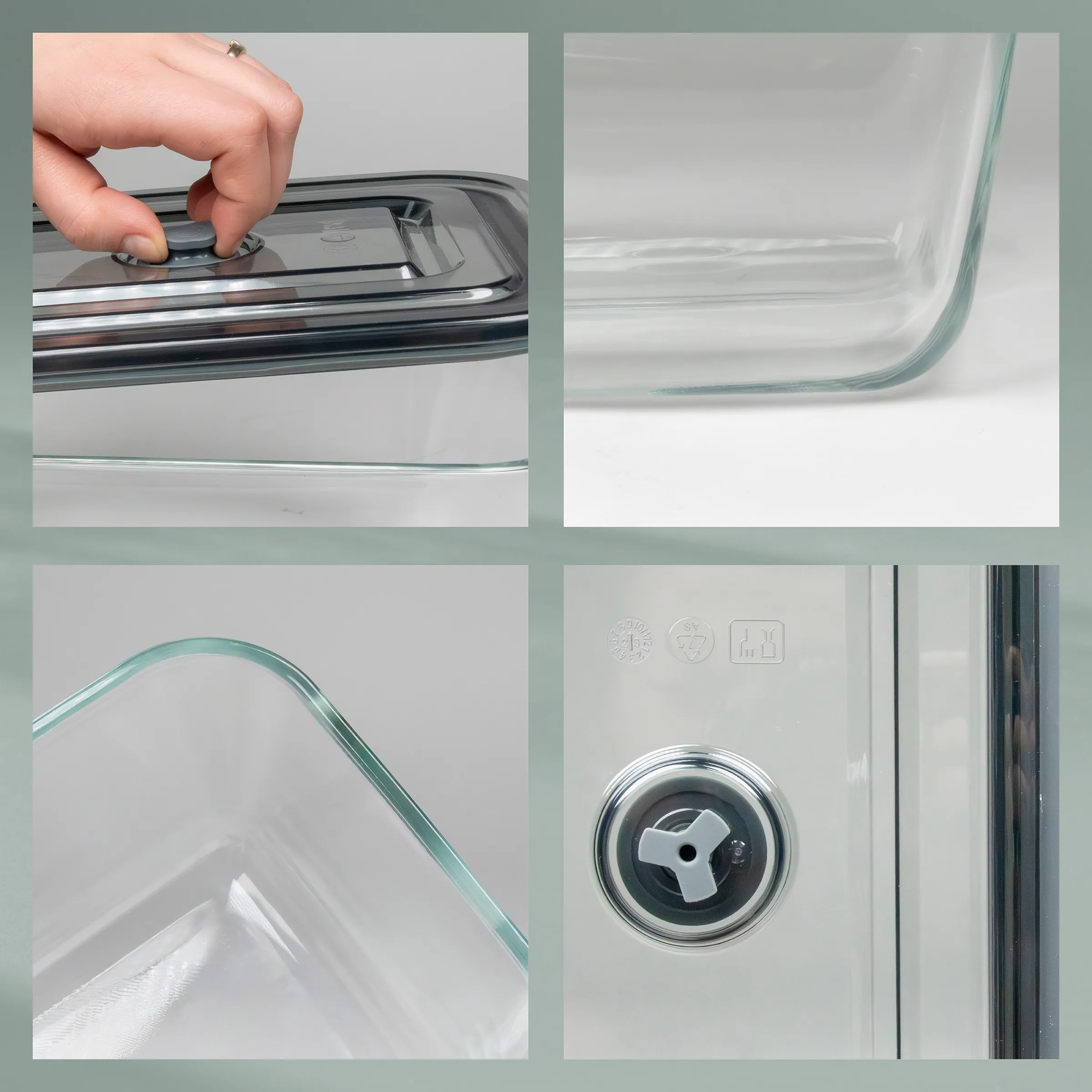 Fenster Glasschieber und Dichtungssystem Details Vier Detailaufnahmen eines Fensters mit Glasschiebedichtung, Griffmechanismus und Dichtungsprofil
