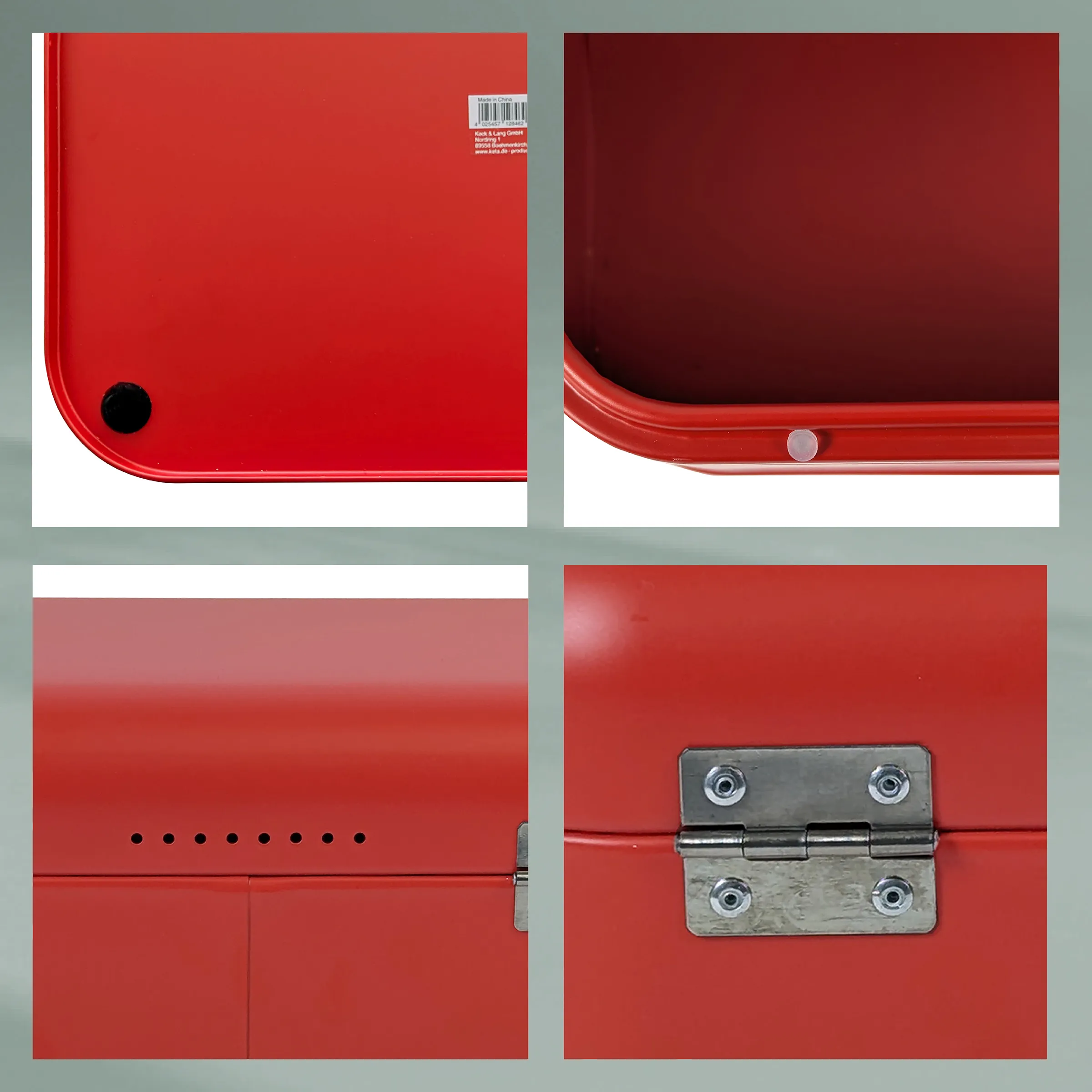 Rote Metallkassette mit Scharnier - Sicherheitsbox Detailansicht Rote Metallkassette mit Scharnier und Lochung - Detailansichten von Ecken, Befestigung und Scharnier