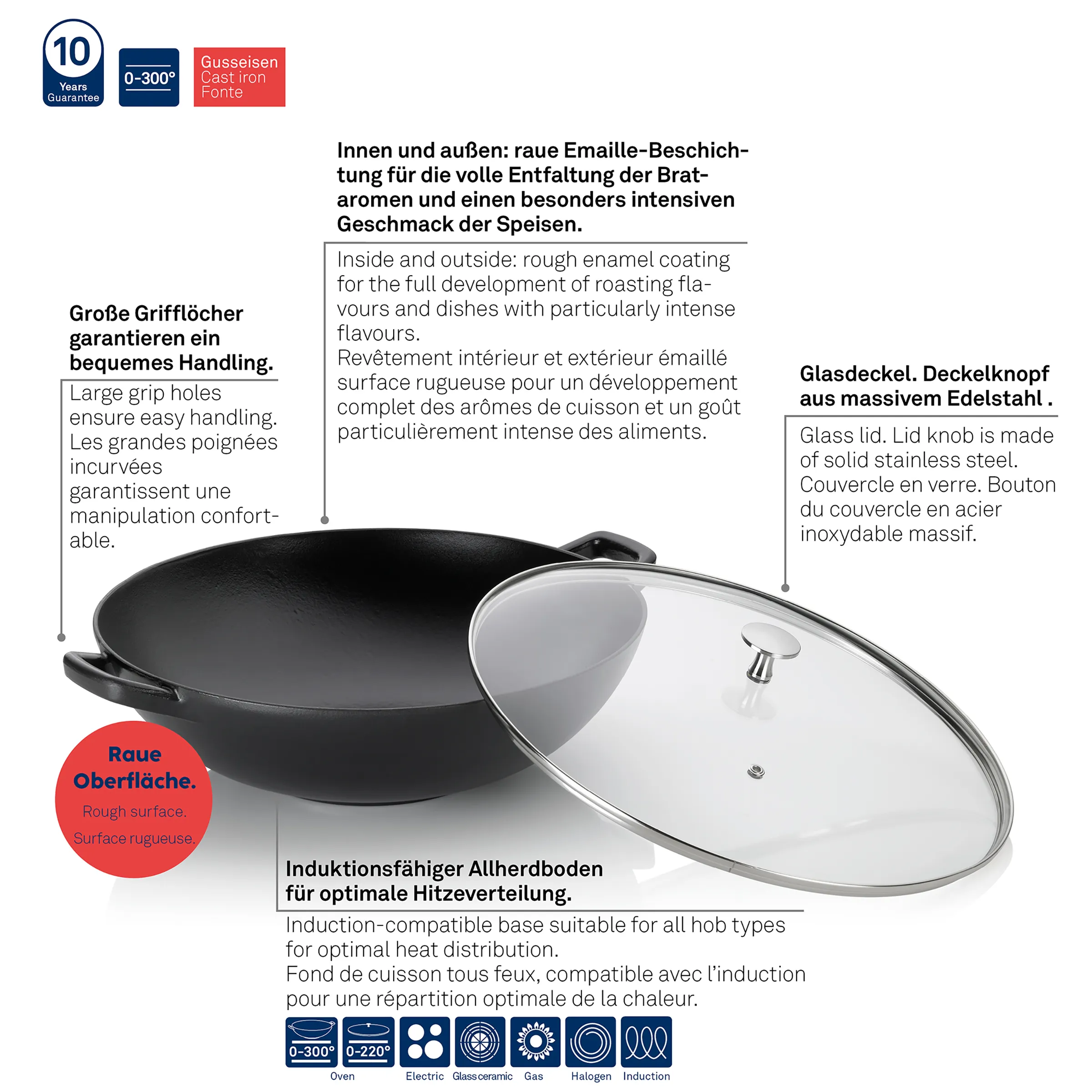 Gusseisenpfanne mit Emaille-Beschichtung und Glasdeckel – Induktionsgeeignet Gusseisenpfanne mit Glasdeckel und raue Emaille-Beschichtung, Grifflöcher und Induktionsboden, 10 Jahre Garantie