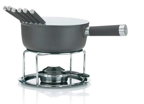 Fondue Set Fleischfondue Garnitur Schwarzes Fondue-Set mit Topf, Brenner auf Metallständer und sechs Fleischgabeln mit schwarzen Griffen